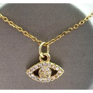 Gold Evil Eye Pendant Necklace With Rhinestone Accents On Thin Chain Adjustable
